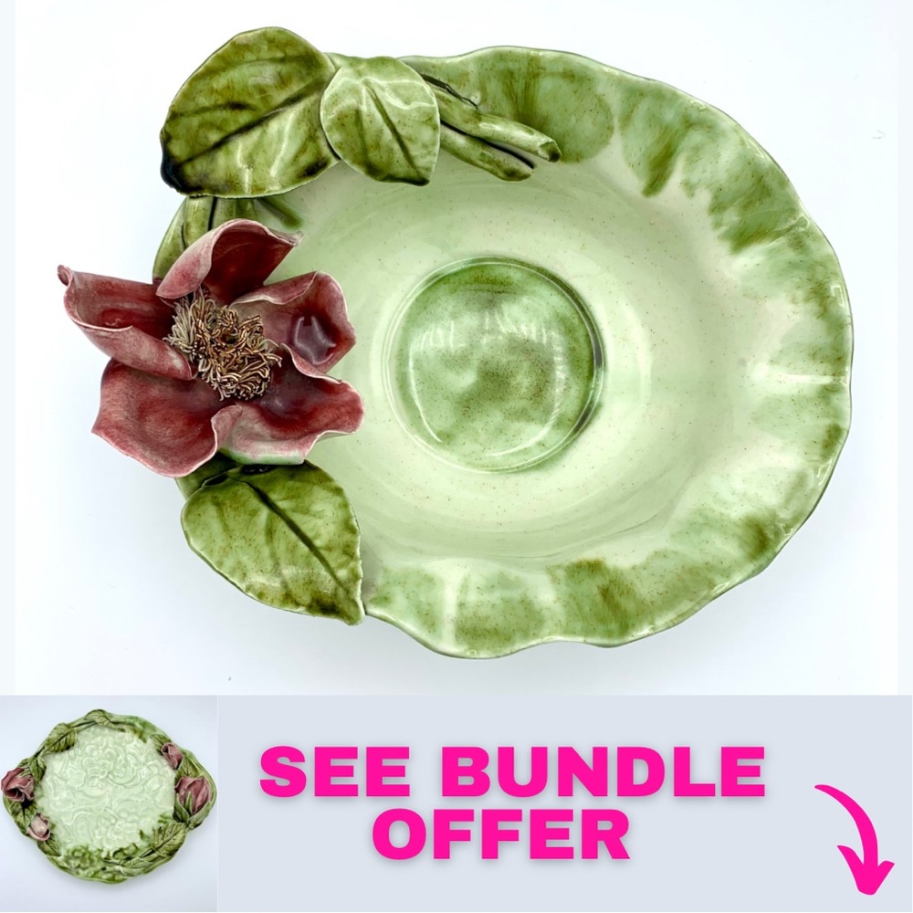 Vintage Majolica Pottery Bowl 8” Green Leaves Pink Capodimonte Raised Flower